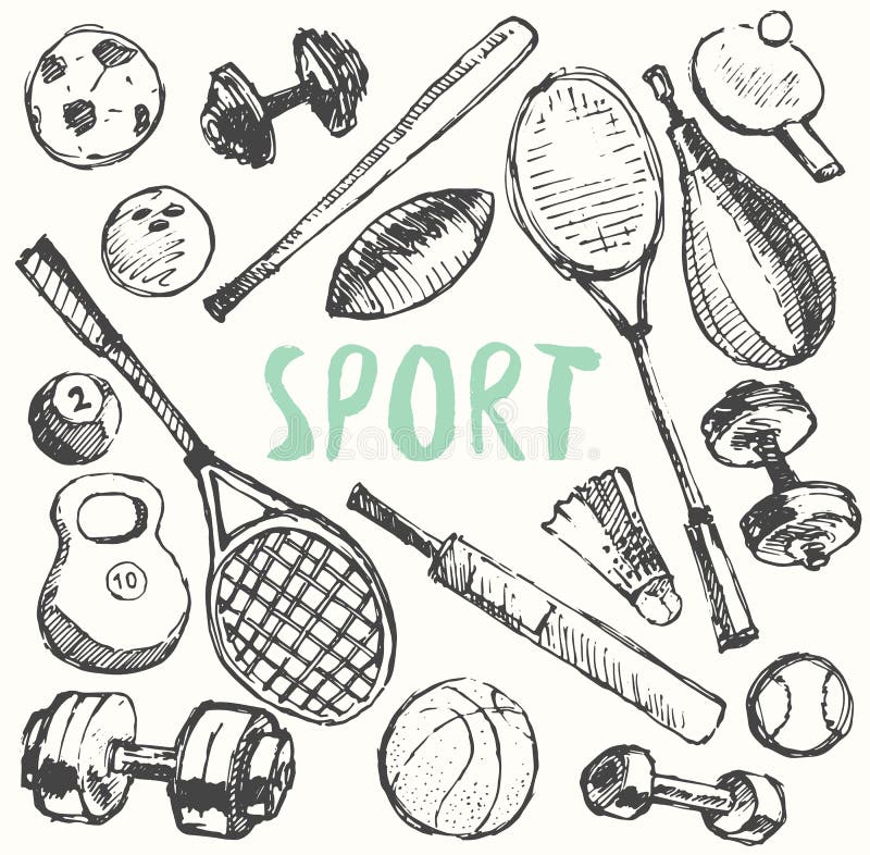 Sport Equipment Doodle Set Drawn Vector Sketch Stock Vector