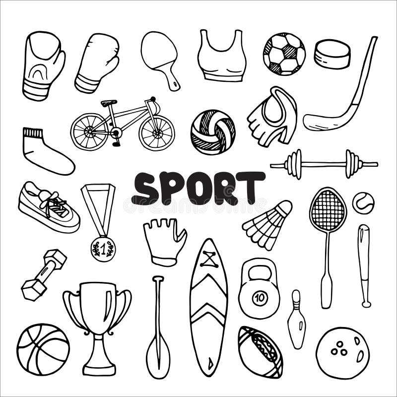Sport Equipment Set Doodle Style Vector Illustration Isolated on White Stock Vector