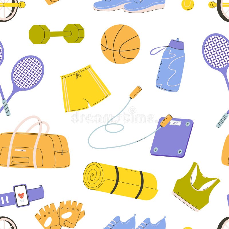 Sport equipment tools and clothes seamless pattern workout elements dumbbell ball training boots shirt yoga mat vector background stock illustratie