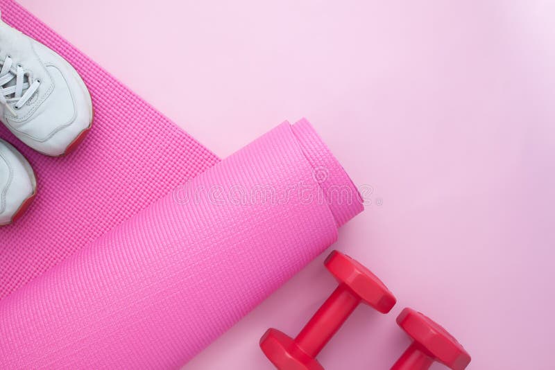 Sport and Fitness Equipments on Pink Colour Background, Top View Stock ...