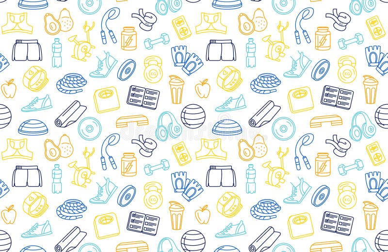 Sport, fitness, functional training background seamless doodle icons style pattern vector illustration Sport, fitness, functional training background seamless doodle icons style pattern vector illustration