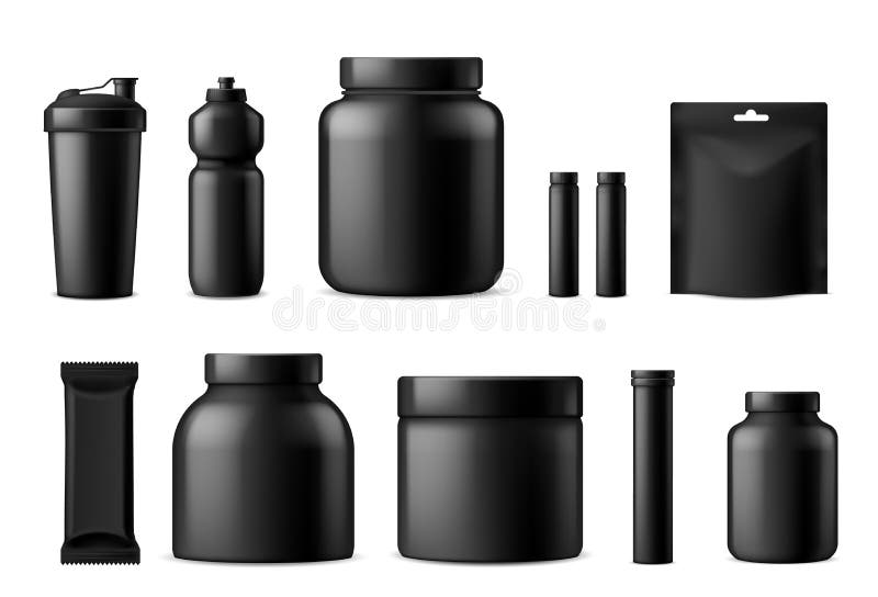 Sport food containers. Protein powder container and plastic drink