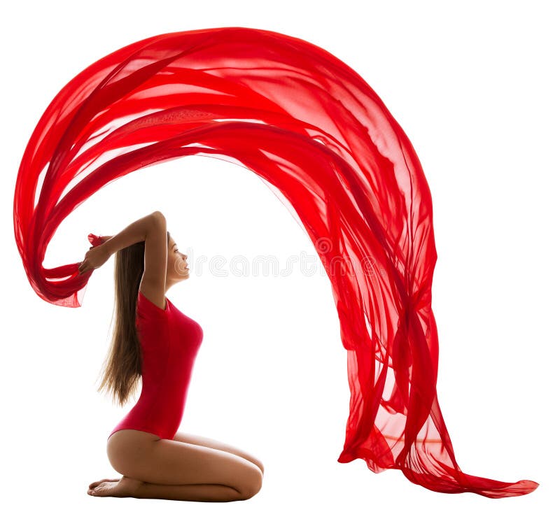 Sport-Frauen-Gymnastik-Training mit flatterndem Stoff, schönes Turner-Mädchen im roten Trikotanzug-Kostüm, Weiß lizenzfreies stockbild Sport-Frauen-Gymnastik-Training mit flatterndem Stoff, schönes Turner-Mädchen im roten Trikotanzug-Kostüm, Weiß lizenzfreies stockbild