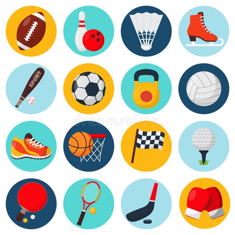 Šport ikony nastaviť s futbal golf, stolný tenis gule rukavice skate bowling zariadenia izolované vektorové ilustrácie.