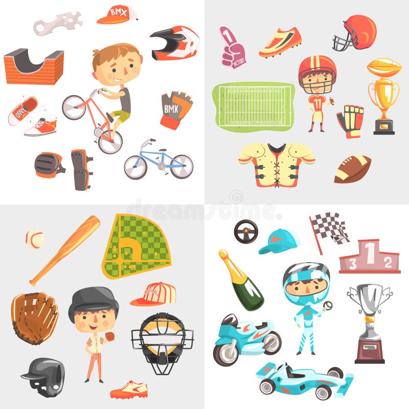 Sport for kids including baseball, american football, bmx cycling, car racing, boys in sports uniforms with equipment vector Illustrations isolated on a white background.