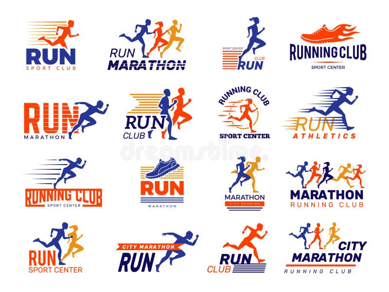 Sport logo. Healthy running marathon athletes sprinting badges vector collection isolated