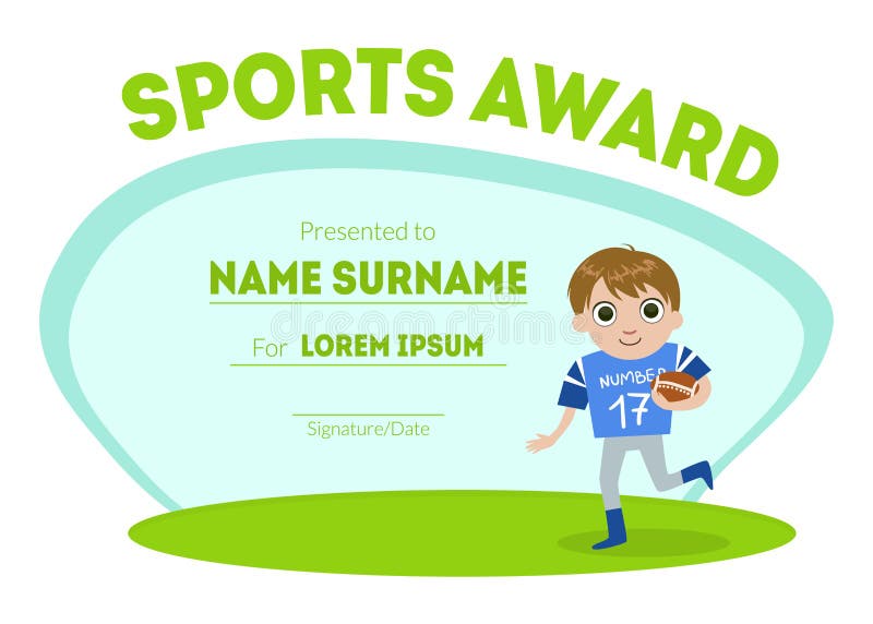 Sport nagrody dyplomu szablon, dzieciaka świadectwo z chłopiec rugby graczem dla rywalizacji lub sporta zwycięzcy wektor, ilustracji Sport nagrody dyplomu szablon, dzieciaka świadectwo z chłopiec rugby graczem dla rywalizacji lub sporta zwycięzcy wektor, ilustracji