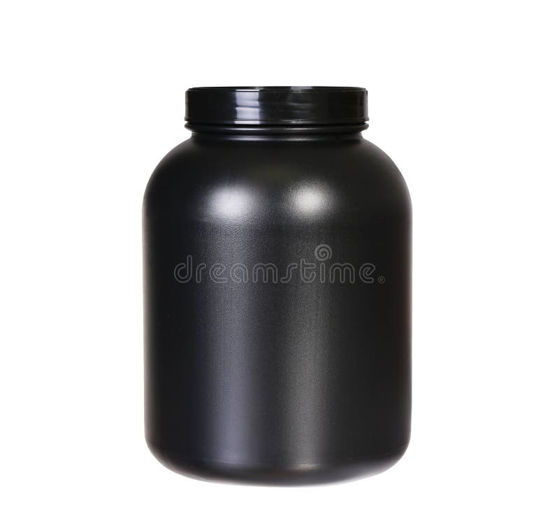 Sport Nutrition, Whey Protein or Gainer. Black Plastic Jar royalty free stock images