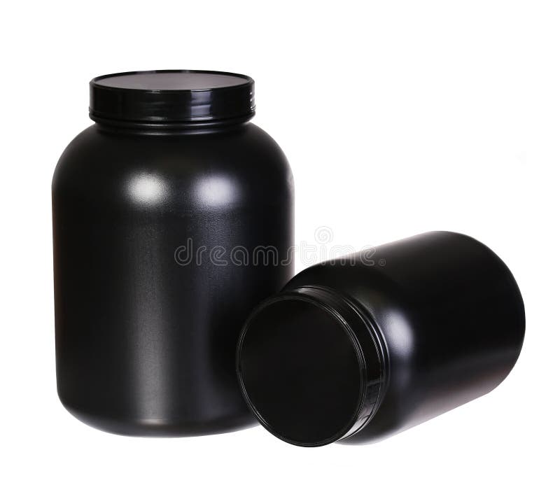 Sport Nutrition, Whey Protein and Gainer in Black Plastic Jars stock photography