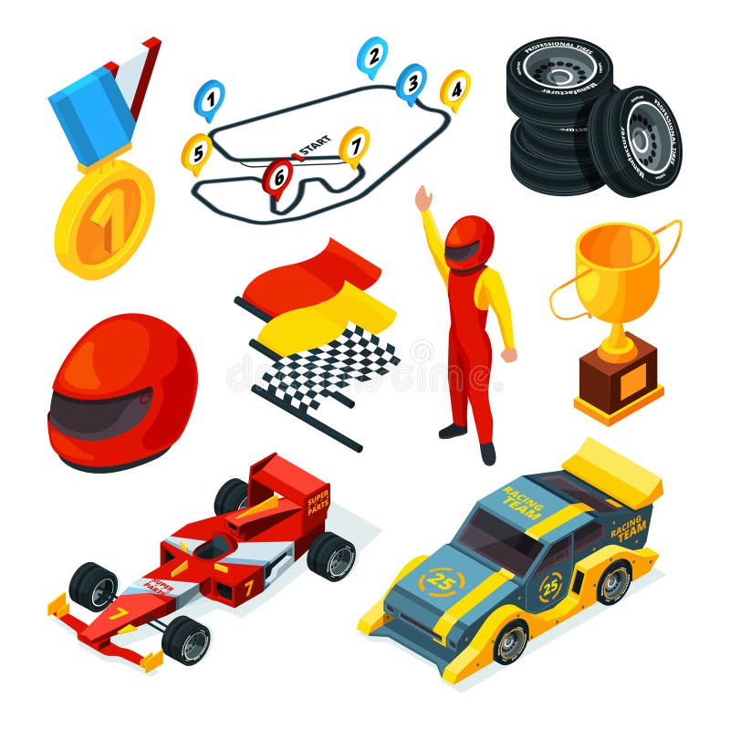 Sport racing symbols. Isometric pictures of racing cars and formula 1 symbols vector illustration Sport racing symbols. Isometric pictures of racing cars and formula 1 symbols vector illustration
