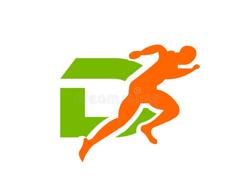 Sport Running Man Front View on Letter D Logo. Running Man Silhouette