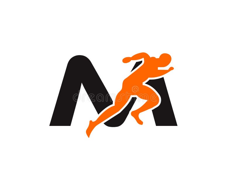 Sport Running Man Front View on Letter M Logo. Running Man Silhouette