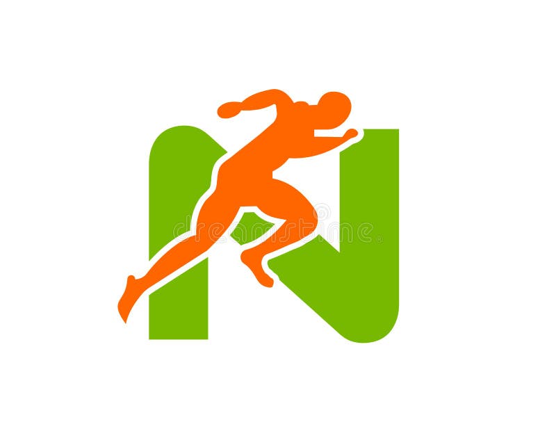 Sport Running Man Front View on Letter N Logo. Running Man Silhouette