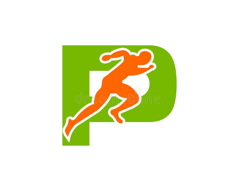 Sport Running Man Front View on Letter P Logo. Running Man Silhouette
