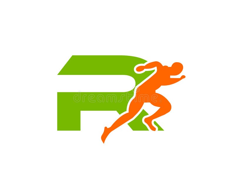 Sport Running Man Front View on Letter R Logo. Running Man Silhouette