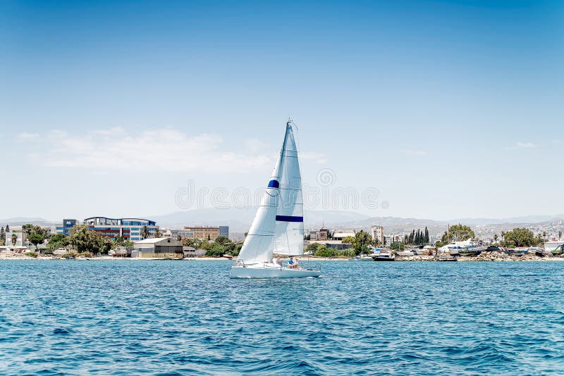 Sport Sailing Boat in Front of a Shore during Regatta Stock Photo