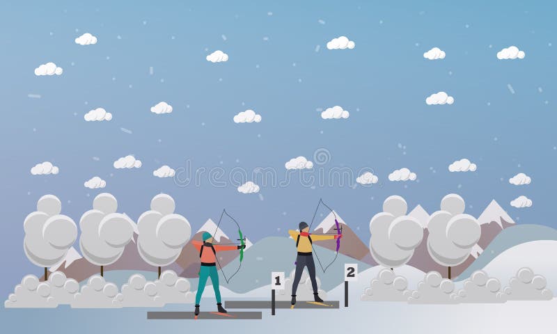 Sport shooting banner. Archery biathlon competition games vector illustration. People in shoot positions