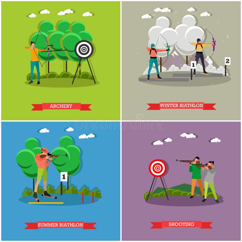 Sport shooting posters. Biathlon, gun shoot, archery competition games vector illustration.