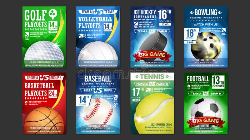 Sporta plakat Ustawiający wektor Golf, baseball, Lodowy hokej, kręgle, koszykówka, tenis, piłka nożna, futbol Wydarzenia zawiadom