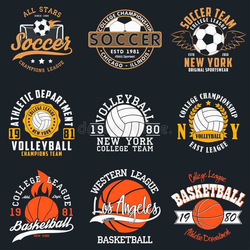 Sportar spelar typografi - fotboll, volleyboll och basket Uppsättning av det idrotts- trycket för t-skjorta design Diagram för sp