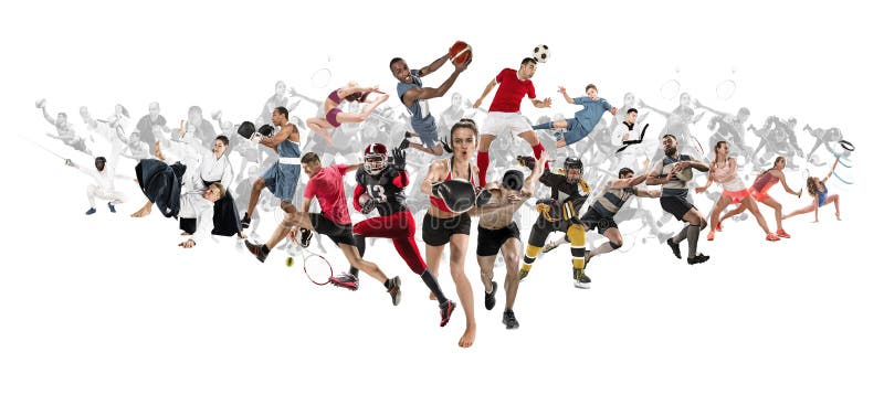 Sportcollage over het kickboxing, voetbal, Amerikaanse voetbal, basketbal, ijshockey, badminton, taekwondo, tennis, rugby stock fotografie Sportcollage over het kickboxing, voetbal, Amerikaanse voetbal, basketbal, ijshockey, badminton, taekwondo, tennis, rugby stock fotografie