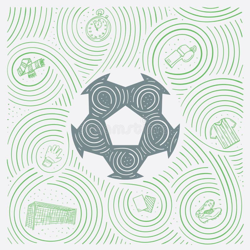 Sportenillustratie met Voetbal/Voetbalbal en Symbolen ter beschikking Getrokken Stijl vector illustratie Sportenillustratie met Voetbal/Voetbalbal en Symbolen ter beschikking Getrokken Stijl vector illustratie
