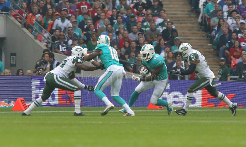 Sportew York spuit Internationaal Reeksspel tegenover de Miami Dolphins stock afbeeldingen Sportew York spuit Internationaal Reeksspel tegenover de Miami Dolphins stock afbeeldingen