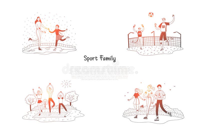 Sportfamilie - Familie, die, den Fußball spielend eisläuft und zusammen tun Yoga, Vektor-Konzeptsatz der Rollschuhlaufen stock abbildung Sportfamilie - Familie, die, den Fußball spielend eisläuft und zusammen tun Yoga, Vektor-Konzeptsatz der Rollschuhlaufen stock abbildung