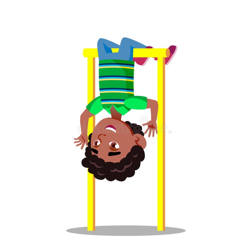 Sportiga Little Boy som hänger på illustration för tecknad film för uppochnervänd vektor för horisontalstång plan vektor illustrationer Sportiga Little Boy som hänger på illustration för tecknad film för uppochnervänd vektor för horisontalstång plan vektor illustrationer