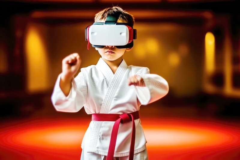 Karate Boy in Virtual 3D Glasses. the Concept of Immersive Experience Stock Illustration