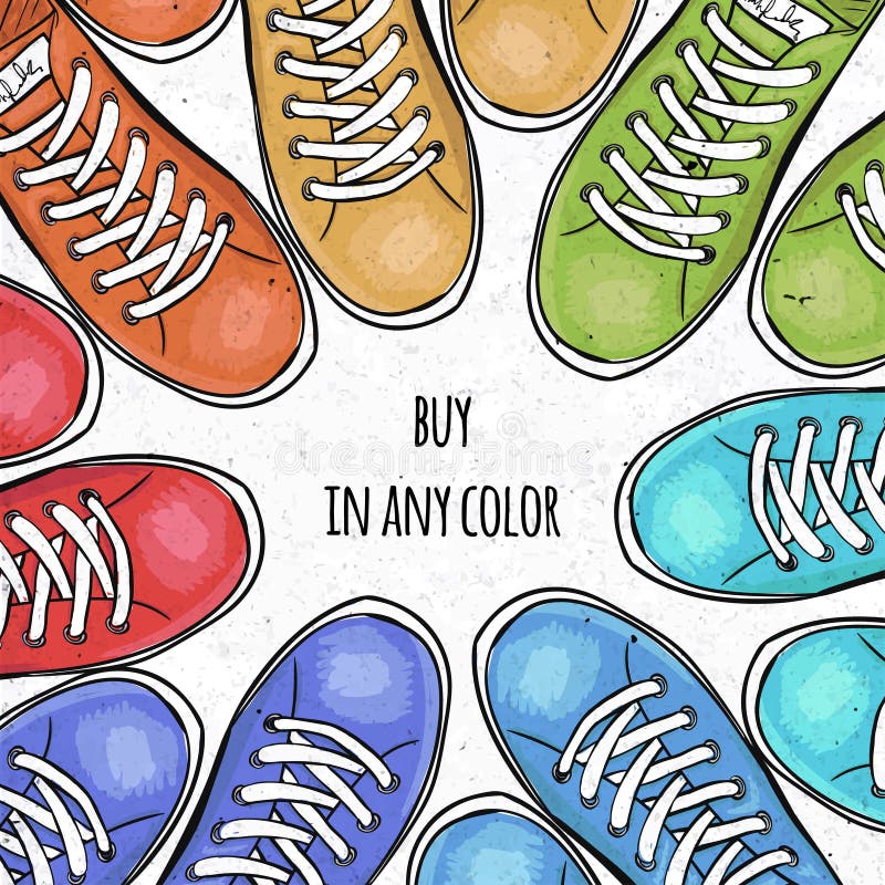 Sportingly colorful poster to advertise sports shoes. Buy sneakers in any color. Vector