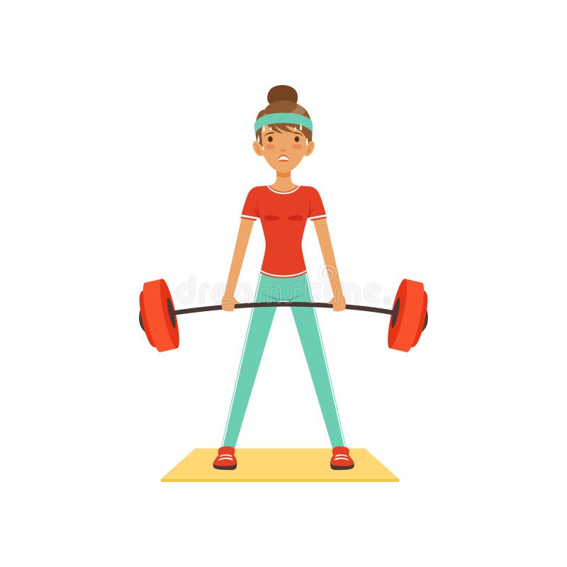 Sportive young woman character lifting barbell, girl working out in the fitness club or gym colorful vector Illustration