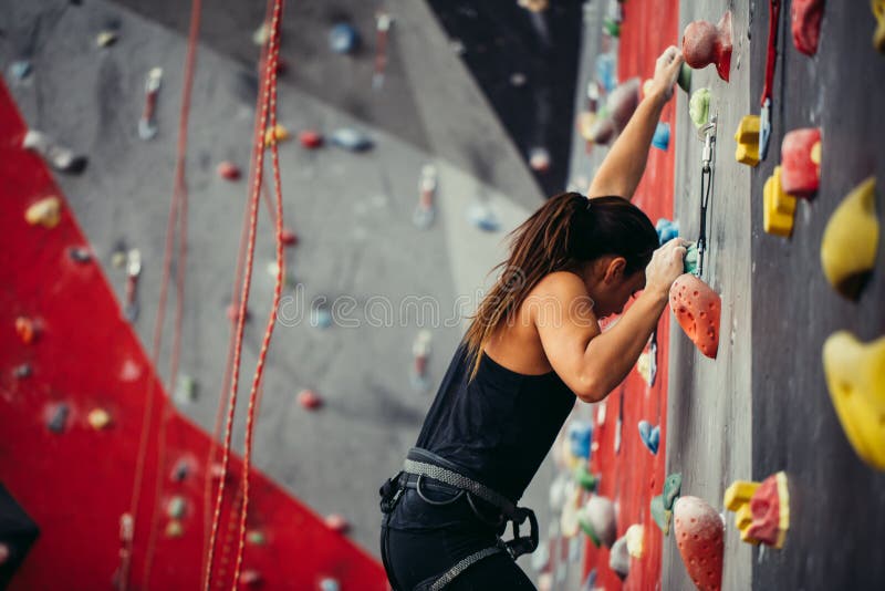 Sportliches Training der jungen Frau in einer bunten kletternden Turnhalle stockbilder Sportliches Training der jungen Frau in einer bunten kletternden Turnhalle stockbilder