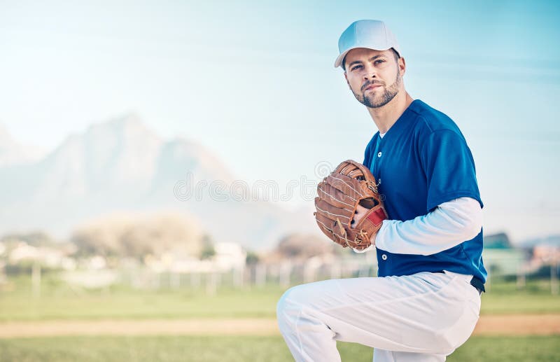 Sports athlete, baseball field and man focus on competition mock up, practice match or pitcher training workout