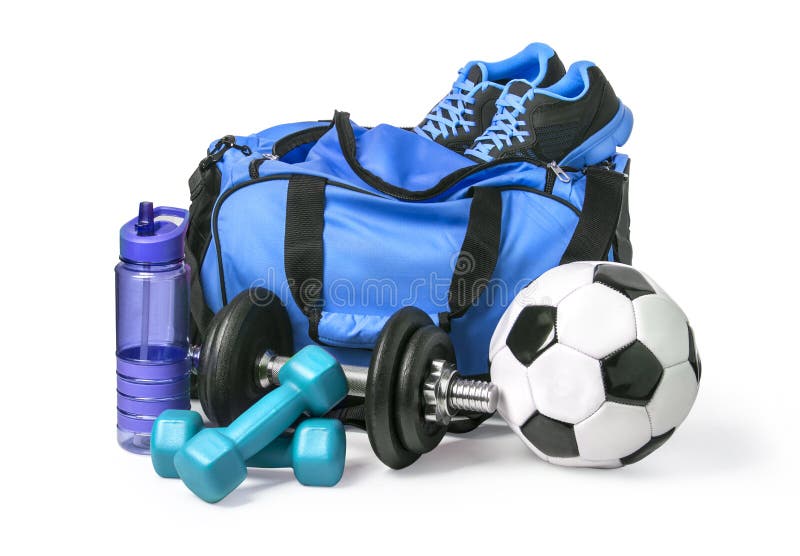 Sports Bag with Sports Equipment Stock Image Image of education, blue