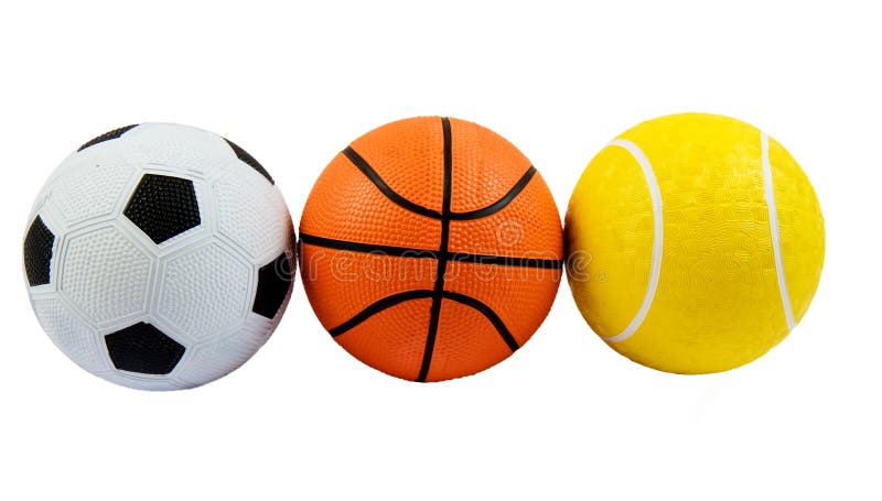 Three different sports balls in a row against white