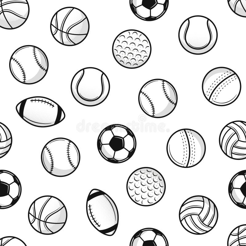 Sports Balls Seamless Pattern. Vintage Sports Balls Isolated on White