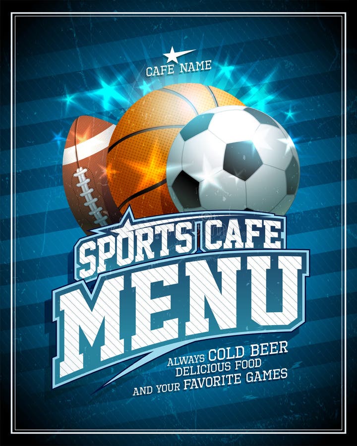 Sports cafe menu card cover design with football, basketball and rugby balls