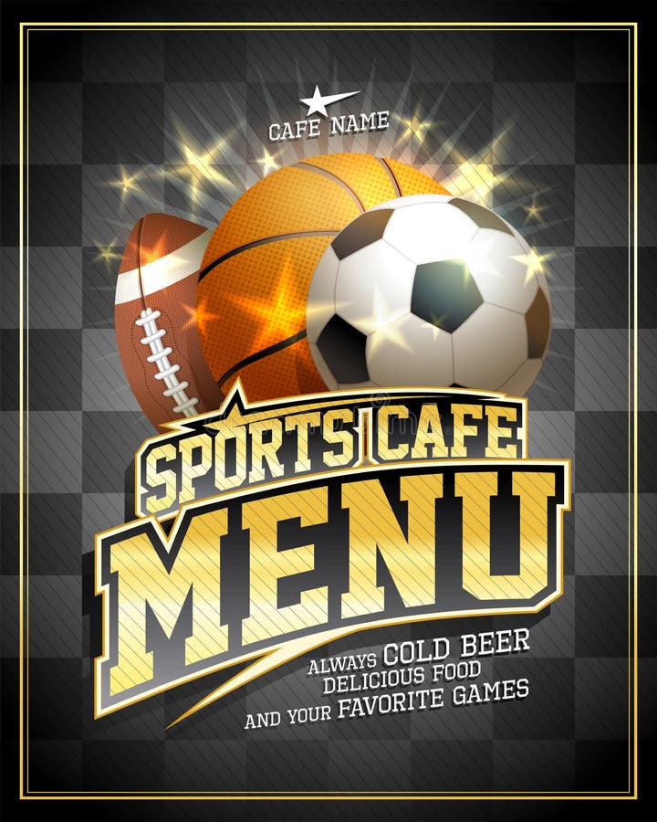 Sports cafe menu card design template with football, basketball and rugby balls
