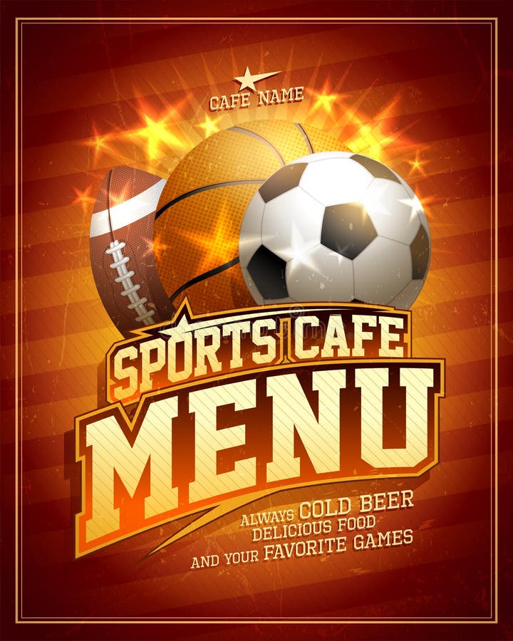 Sports cafe menu card design template with football, basketball and rugby balls