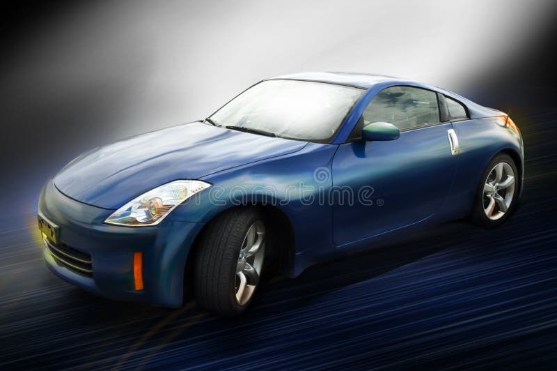 A blue sports car on a blue streaked surface with back lighting.