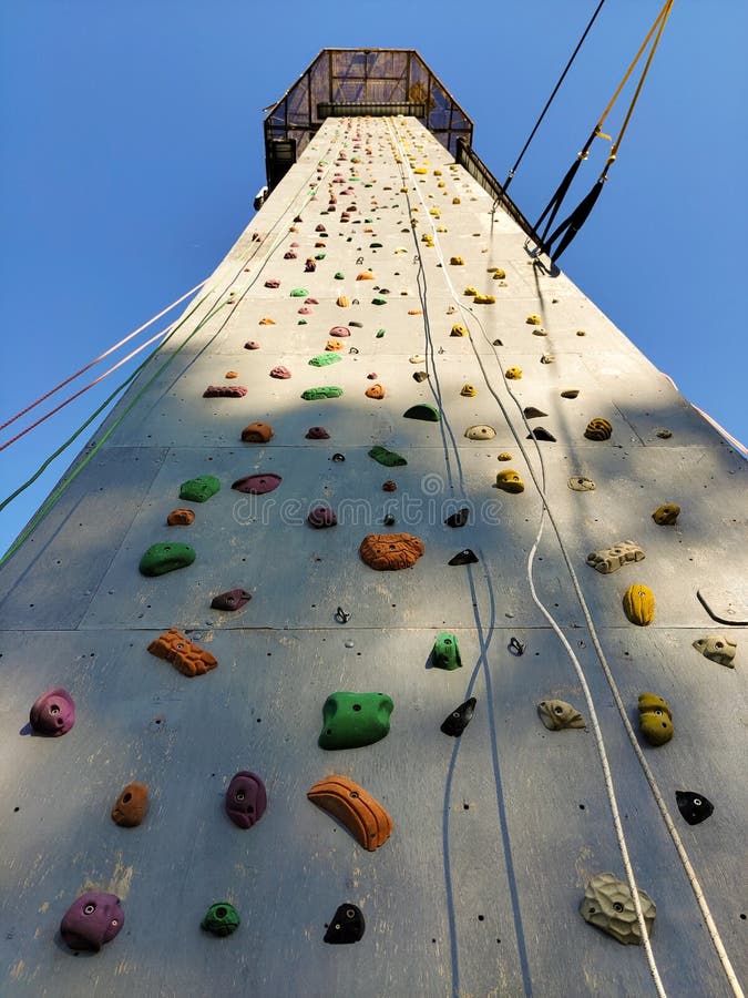 Sports Climbing Wall in Perspective with Various Hooks, Hanging Rope