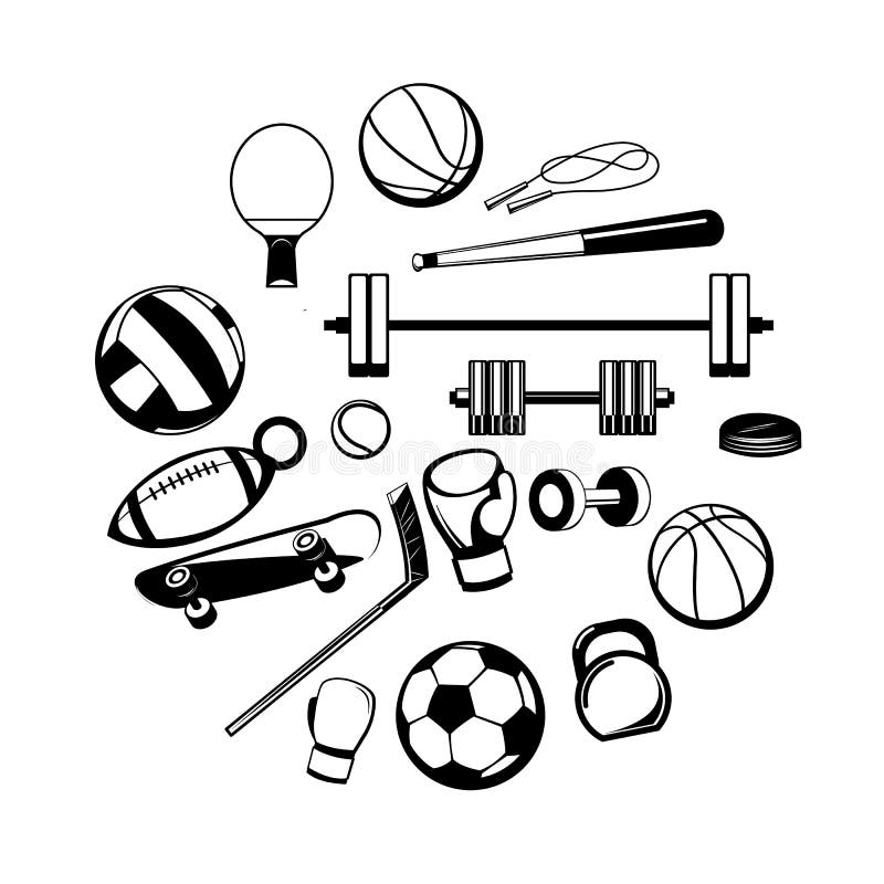 Sports equipment for athletes. Round composition. Set of tools. Symbol, icon. Isolated on white background. Monochrome vector illustration