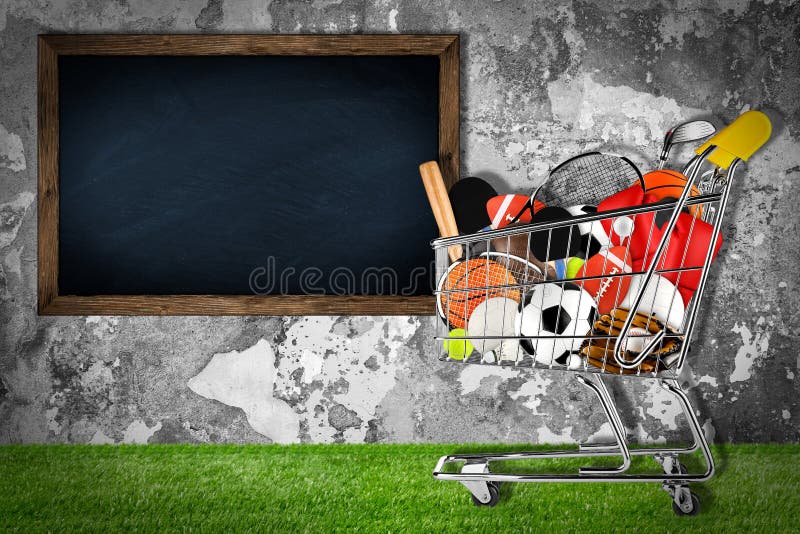 Sports equipment shopping cart stone wall stock image Sports equipment shopping cart stone wall stock image