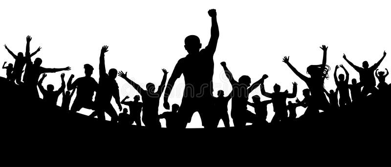 Sports fans audience. Soccer goal stadium. Cheerful people crowd applauding, silhouette