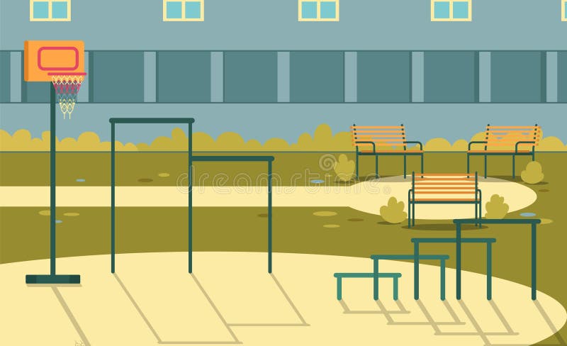 Sports Ground with Basketball Hoop in School Yard. Basketball Hoop and Horizontal Bars on Sports Ground in School Yard. Modern Building with Playing Field stock illustration Sports Ground with Basketball Hoop in School Yard. Basketball Hoop and Horizontal Bars on Sports Ground in School Yard. Modern Building with Playing Field stock illustration