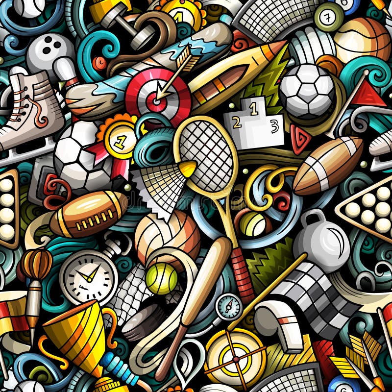 Sports Hand Drawn Doodles Seamless Pattern. Colorful Vector Background