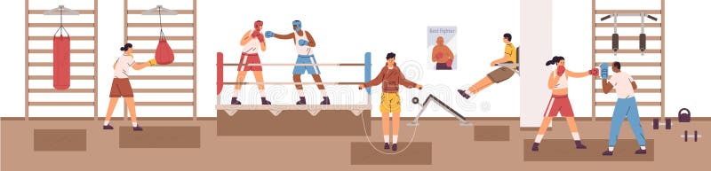 Sports man and woman exercising at box club vector flat illustration. Diverse people in boxer gloves practicing fight