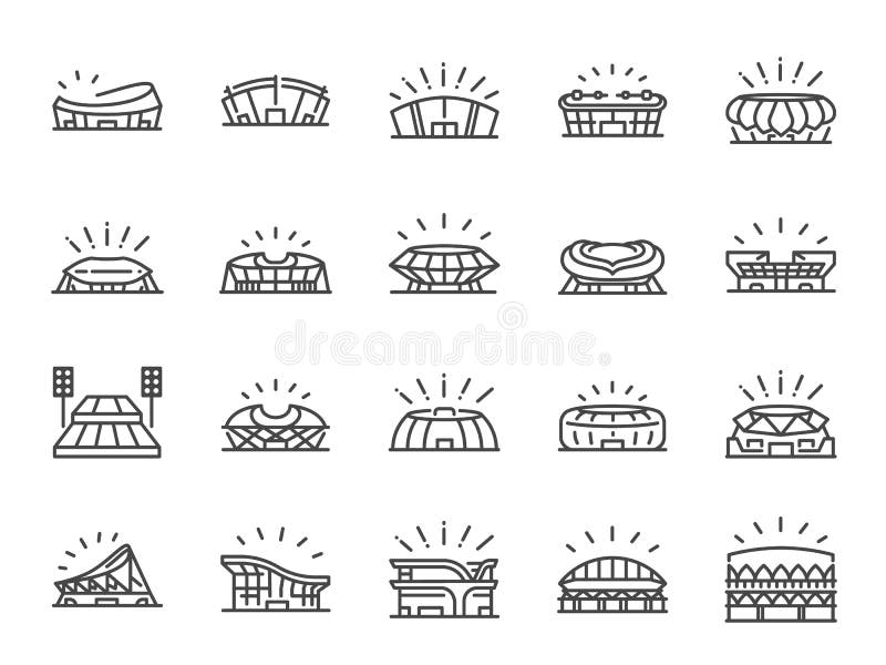 Sports stadium line icon set. Included icons as football arena, colosseum, competition stadium and more. stock illustration