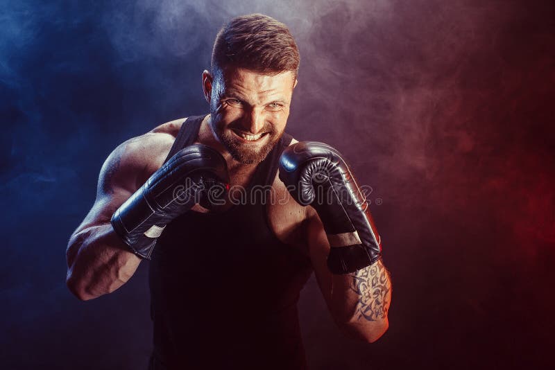 Sportsman Muay Thai Boxer Celebrating Flawless Victory in Boxing Cage.  Isolated on Black Background with Smoke. Copy Stock Image - Image of  people, handsome: 91121441